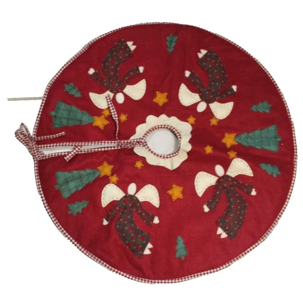 Vintage Handmade CHRISTMAS Tree Skirt Burgandy Angels, Stars, Trees Applique 25